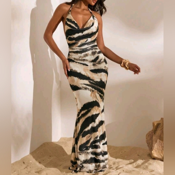 Women's Fashionable Sexy Zebra Print Backless Halter Dress,Vacation,Vacation Sty - Picture 3 of 6